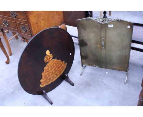 AN EDWARDIAN BRASS FIRE SCREEN AND A WOODEN ART DECO SCREEN