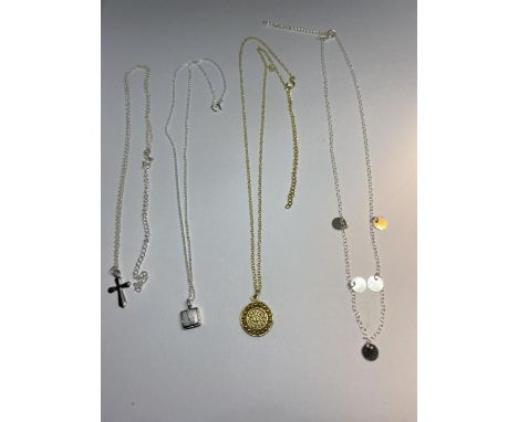 FOUR VARIOUS MARKED SILVER NECKLACES WITH PENDANTS TO INCLUDE A GOLD PLATED DISC, CROSS ETC