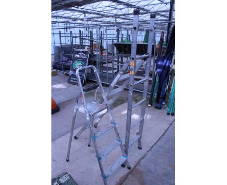 TWO SETS OF LADDERS TO INCLUDE AN ALUMINIUM COMBINATION THREE WAY FOLDING LADDER AND A FOUR RUNG LADDER