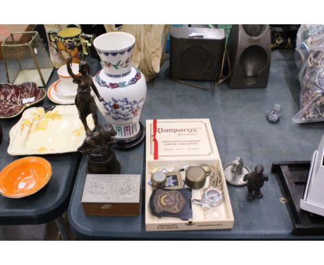 A MIXED LOT TO INCLUDE A VASE "THE JOURNEY OF THE HEAVENLY TORTOISE, SPELTER FIGURE, RING TRAY, COMPASS, ETC.,