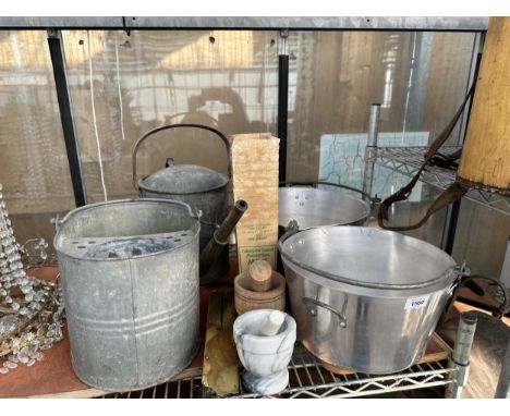 VARIOUS ITEMS TO INCLUDE JAM PANS, GALVANISED MOP BUCKETS, BRASS SCALES, TWO MORTAR AND PESTLES, GALVANISED WATERING CAN ETC