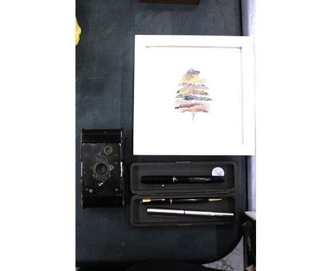 THREE PENS TO INCLUDE A VINTAGE SWAN WITH 14CT GOLD NIB, A VINTAGE KODAK CAMERA AND A SIGNED FRAMED COLLAGE OF A TREE