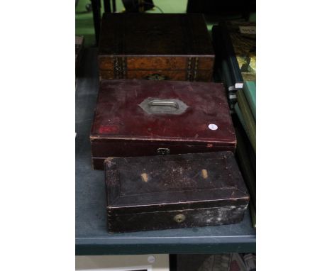 THREE VINTAGE BOXES, TWO LEATHER CLAD AND A WALNUT INLAID WRITING SLOPE -A/F