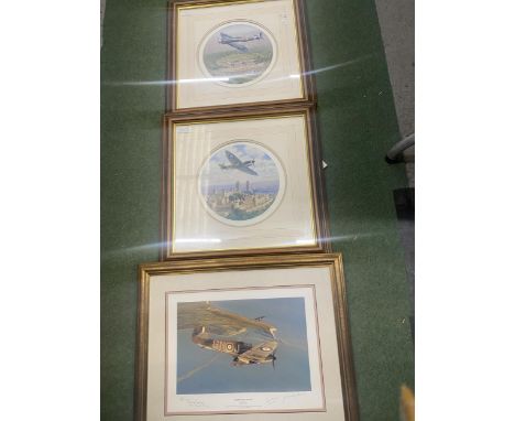 THREE SIGNED, FRAMED AND MOUNTED PRINTS, INCLUDING 'SPITFIRE OVER BUCKINGHAM PALACE' AND 'SPITFIRE OVER TOWER BRIDGE' BY JOHN