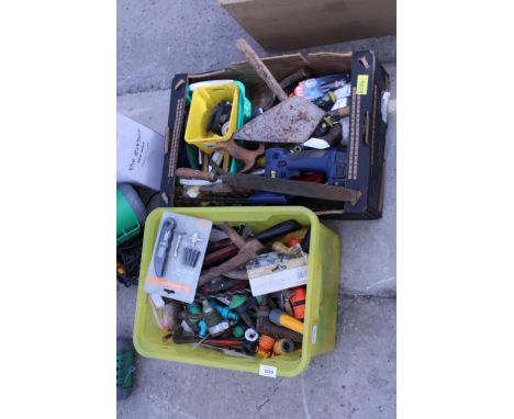 TWO BOXES OF ASSORTED HAND TOOLS AND HARDWARE