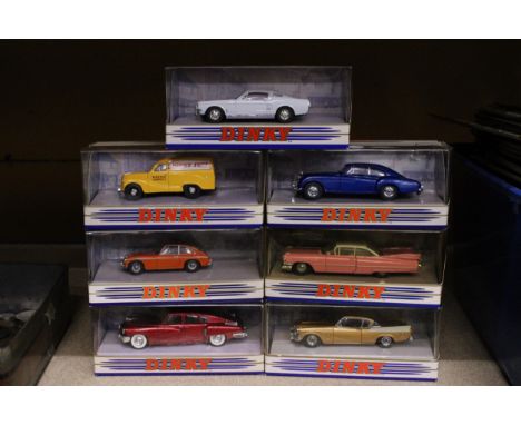SEVEN DINKY MATCHBOX MODELS OF CARS TO INCLUDE 1955 BENTLEY 'R' CONTINENTAL, 1953 AUSTIN A40, 1967 FORD MUSTANG FAST BACK, 19