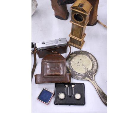 A MIXED LOT TO INCLUDE A VOIGTLANDER CAMERA, A VIEWFINDER, ART NOUVEAU STYLE MIRROR AND A COTTON REEL HOLDER IN THE SHAPE OF 