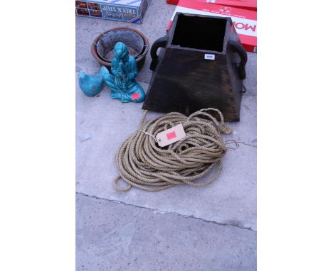 AN ASSORTMENT OF ITEMS TO INCLDUES A WOODEN PLANTER, FIGURES AND ROPE ETC