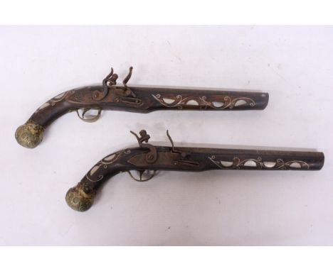A APIR OF VINTAGE NON FIRING INDIAN FLINTLOCK PISTOLS, 25CM BARRELS, LENGTHS 42CM