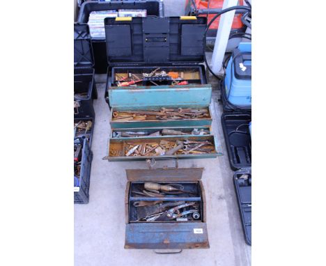 THREE TOOL BOXES CONTAINING AN ASSORTMENT OF TOOLS TO INCLUDE SPANNERS AND FILES ETC