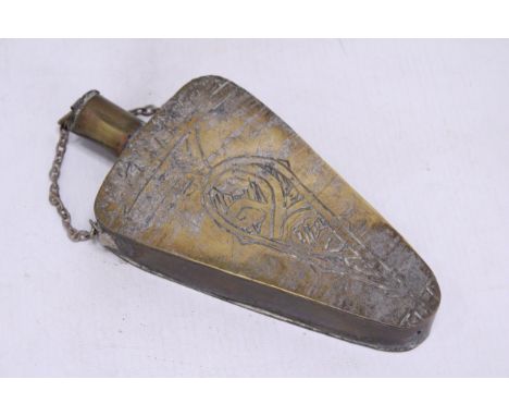 A COPPER AND BRASS POWDER FLASK