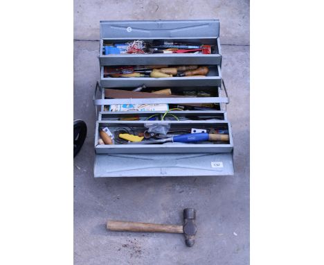 A FOLD OUT METAL TOOL BOX WITH TOOLS
