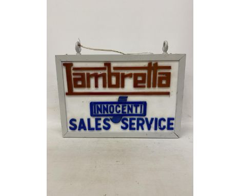 A LAMBRETTA INNOCENT SALES SERVICE ILLUMINATED SIGN COMPLETE WITH HANGING BRACKETS