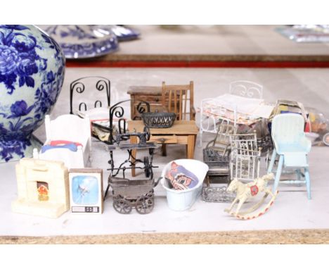 A QUANTITY OF VINTAGE DOLL'S HOUSE FURNITURE TO INCLUDE BEDS, PRAM, HIGH CHAIR, ROCKING HORSE, ETC.,