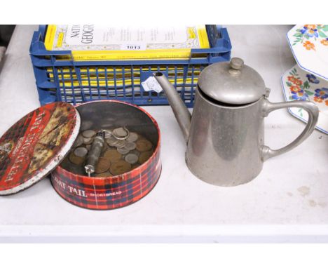 A COFFEE POT, SMALL HANGING SCALES AND A QUANTITY OF PRE-DECIMAL COINS TO INCLUDE SIXPENCES