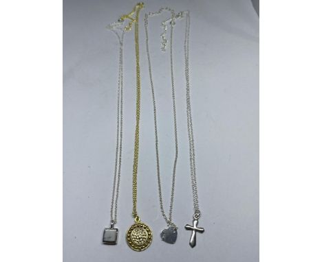 FOUR MARKED SILVER NECKLACES WITH PENDANTS TO INCLUDE A GOLD PLATED EXAMPLE