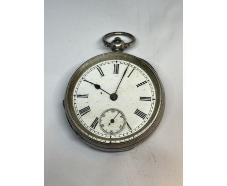 A MARKED 935 SILVER POCKET WATCH WITH WHITE ENAMEL FACE, ROMAN NUMERALS AND A SUB DIAL