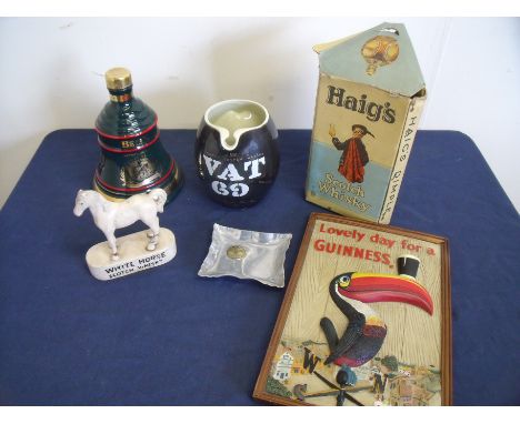 Haig's Dimple Scotch whisky bottle, VAT 69 whisky jug, Bells wade jug, White Horse Scotch whisky advertising horse etc 