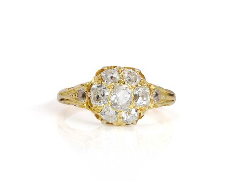 A Victorian diamond cluster ring,  with a central cluster of old cut and Swiss cut diamonds, bead and claw set to an open gal