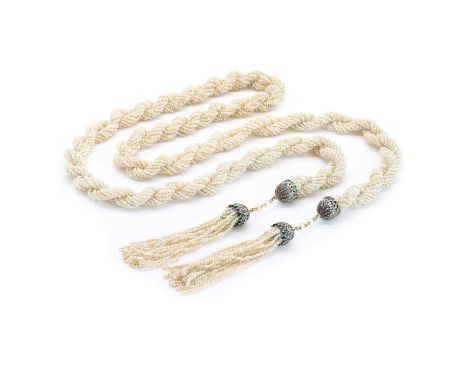A seed pearl sautoir necklace, designed as a torsade necklace with multiple strands of seed pearls, untested, to end caps gra