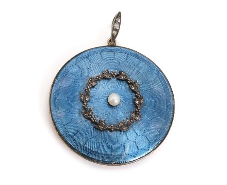 An Edwardian guilloché enamel pendant, the disc shaped pendant with applied garland motif set with diamond chips and a split 
