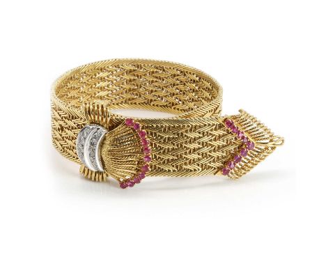 An 18ct gold diamond and ruby cocktail watch, by Jaeger LeCoultre for Kutchinsky,  the woven jarretière bracelet with a centr