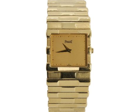 An 18ct gold Piaget Eureka quartz bracelet watch,  23mm x 24mm square case, with a champagne dial, raised gilt dot numerals, 