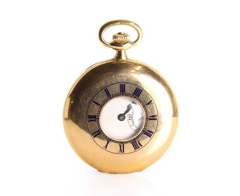 An 18ct gold J.W. Benson half hunter pocket watch, a 44mm diameter case, with a blue enamel Roman numeral chapter ring to the