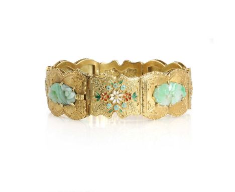 A carved jade and enamel panel bracelet, with a series of carved jade plaques of foliate motif, set to textured gold tapered 