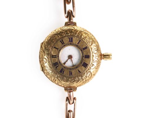 An 18ct gold half hunter fob/wrist watch, a 32mm diameter case with a navy champlevé enamel chapter ring, a white enamel dial