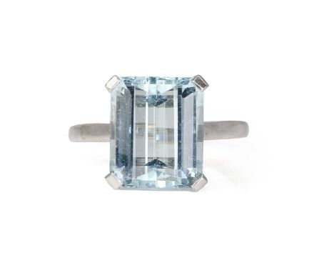A 9ct white gold single stone aquamarine ring,  the step cut aquamarine, 12.10 x 10.25mm, estimated as approximately 5.50ct, 