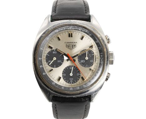 A gentlemen's stainless steel Heuer Carrera chronograph strap watch, c.1970,  ref.73653. A 38mm tonneau case, with a silvered