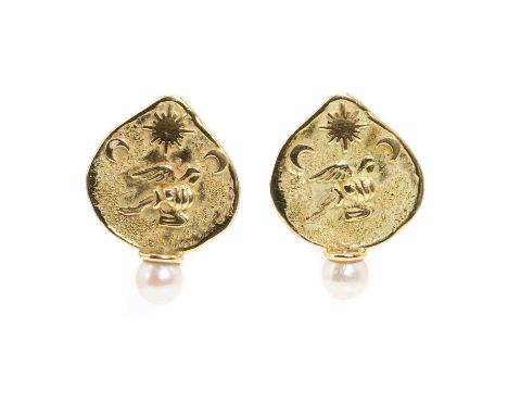 A pair of 18ct gold and pearl Zodiac Shiraz earrings, by Elizabeth Gage,  each composed of a textured gold plaque depicting a