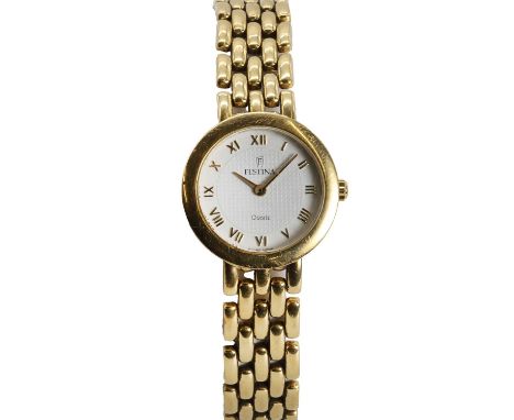 An 18ct gold ladies' Festina quartz bracelet watch,  23mm circular case, with a white enamel dial, gilt Roman numerals, gilt 