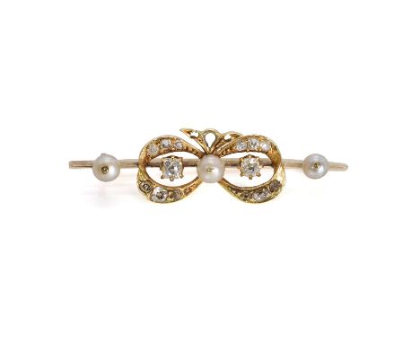 A late Victorian pearl and diamond bow bar brooch, c.1890,  an open bow mounted to a blade edge bar with a pearl peg set to t