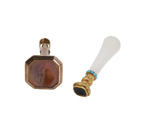 An agate fob seal together with a desk seal, 19th century, a gold mounted agate fob seal, of octagonal tapering form, the bas