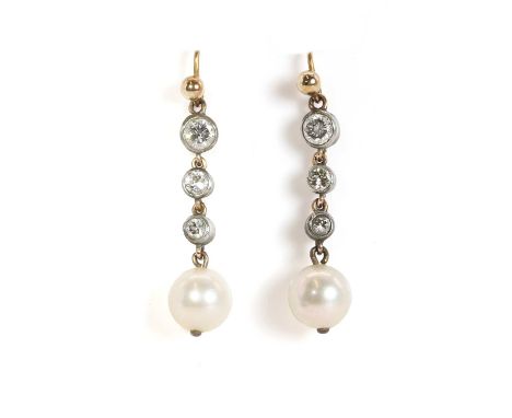 A pair of cultured pearl and diamond drop earrings, each designed as a row of three graduated round brilliant diamonds, rub s