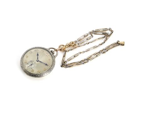 An open faced top wind Hamilton pocket watch and an Art Deco watch chain, with a 44mm diameter case with engraved sides, a gi