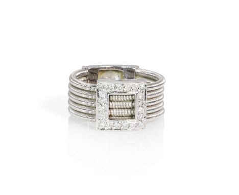 A white gold diamond set panel ring,  with a diamond set square form open panel, to a four row rope-twist band, with a furthe