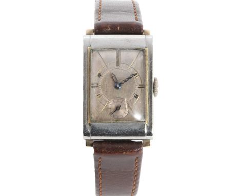 A gentlemen's stainless steel Rolex mechanical strap watch, c.1930,  a rectangular stainless steel case with yellow metal ste