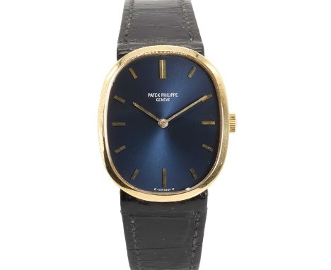 An 18ct gold Patek Philippe Ellipse mechanical strap watch,  ref. 3548, with an oval case 26 x 32mm, a blue sunburst dial, gi