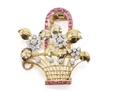 A diamond and ruby Giardinetto brooch, designed as a basket of flowers with a spray of diamond clusters claw set in white, to