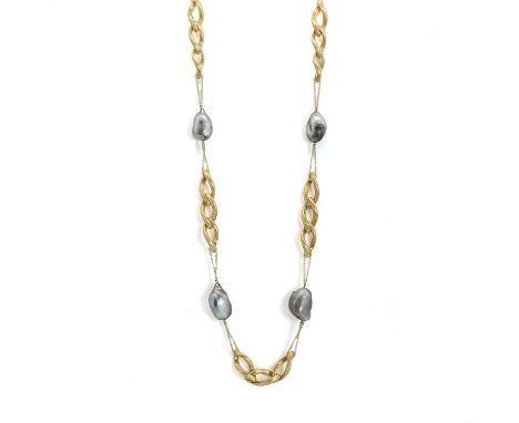 A grey Keshi pearl gold necklace, by Yvel,  designed as a series of two-row trace link chains and textured hollow curb links,