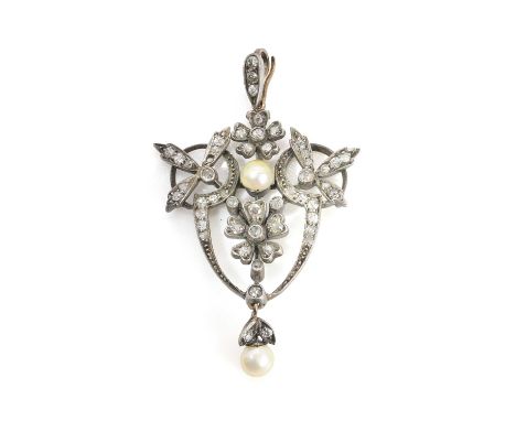 A Victorian pearl and diamond pendant, the pendant with floral motifs, decorated throughout with old cut diamonds, with a pea