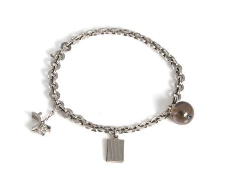A platinum charm bracelet,  the fancy link bracelet suspending three charms, to include a stylised Scottie charm set with sin