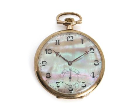 A 9ct gold open faced top wind pocket watch, c.1930, 47mm diameter, with a mother of pearl dial, Arabic numerals, a subsidiar