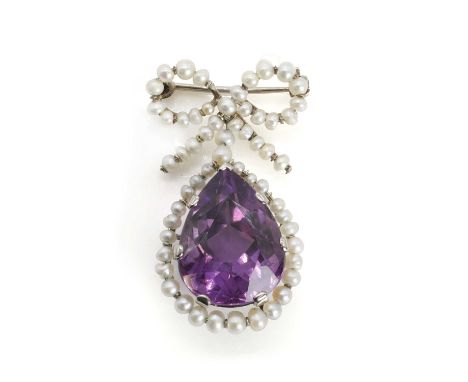 A white gold amethyst and seed pearl brooch, an articulated pear-cut amethyst drop surrounded by graduated seed pearls pierce