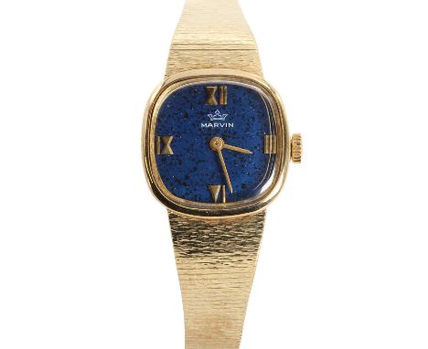 A 14ct gold Marvin ladies mechanical bracelet watch,  with a cushion shaped case, 21 x 21mm, a lapis lazuli dial, raised gilt
