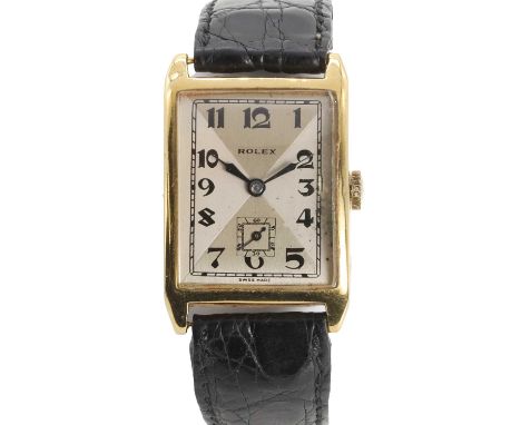 A gentlemen's 18ct gold Rolex mechanical wristwatch, c.1928, the arched rectangular case, 25 x 31mm, with a silvered dial, bl