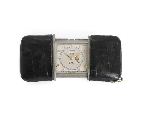 A stainless steel Movado Calendermeto mechanical purse watch, c.1940, with a black alligator case, a square silvered dial, ap